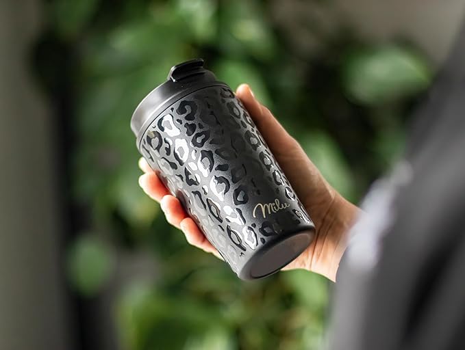 Milu Mug Isotherme 300ml - Thermo Café étanche en acier inoxydable, Tasse thermique sans BPA, 100% anti-fuite(Black Leopard, 300ml)