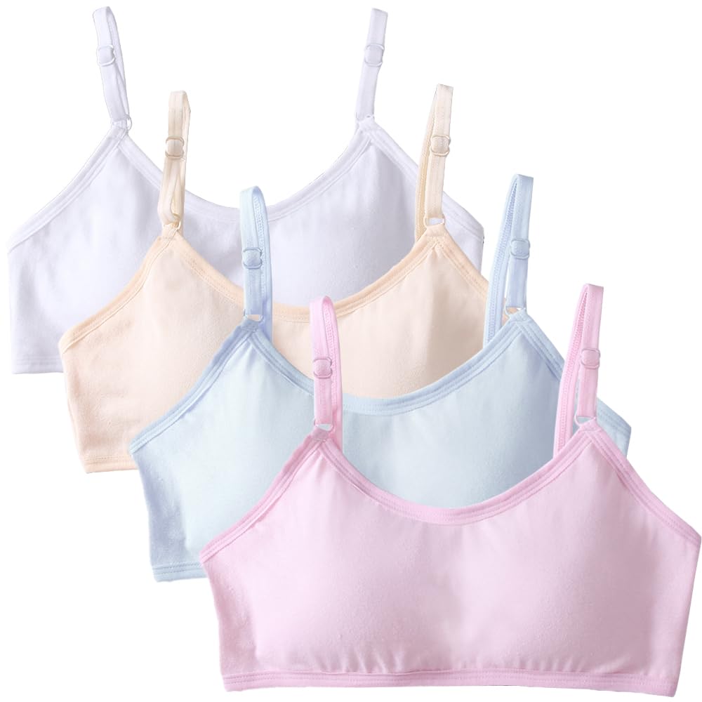 Bysion Soutien-Gorge d'entraînement sans Couture pour Filles avec Réglable Haut à Bretelles et Coussinets Fixes pour Enfants 10 à 18 Ans et Femme aux Petits Seins (Lot de 4)