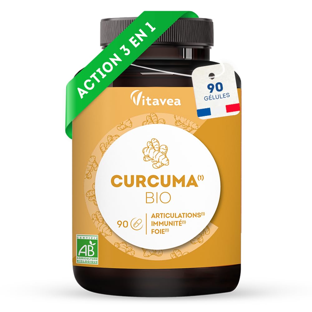 Curcuma BIO Pur Sans Pipérine ni Poivre Noir - Bien-Être Articulaire, Santé du Foie, Immunité - 90 gélules - Fabriqué en France - Vitavea