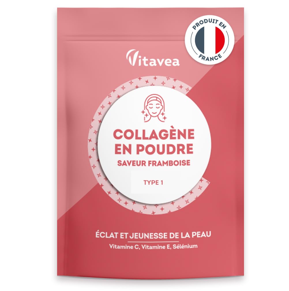 Collagène Poudre Saveur Framboise - 6800mg par jour - Peptides Hydrolysés Types 1 - 2000 Da - Eclat & Jeunesse de la Peau - Hautement biodisponible - Fabriqué en France - Vitavea