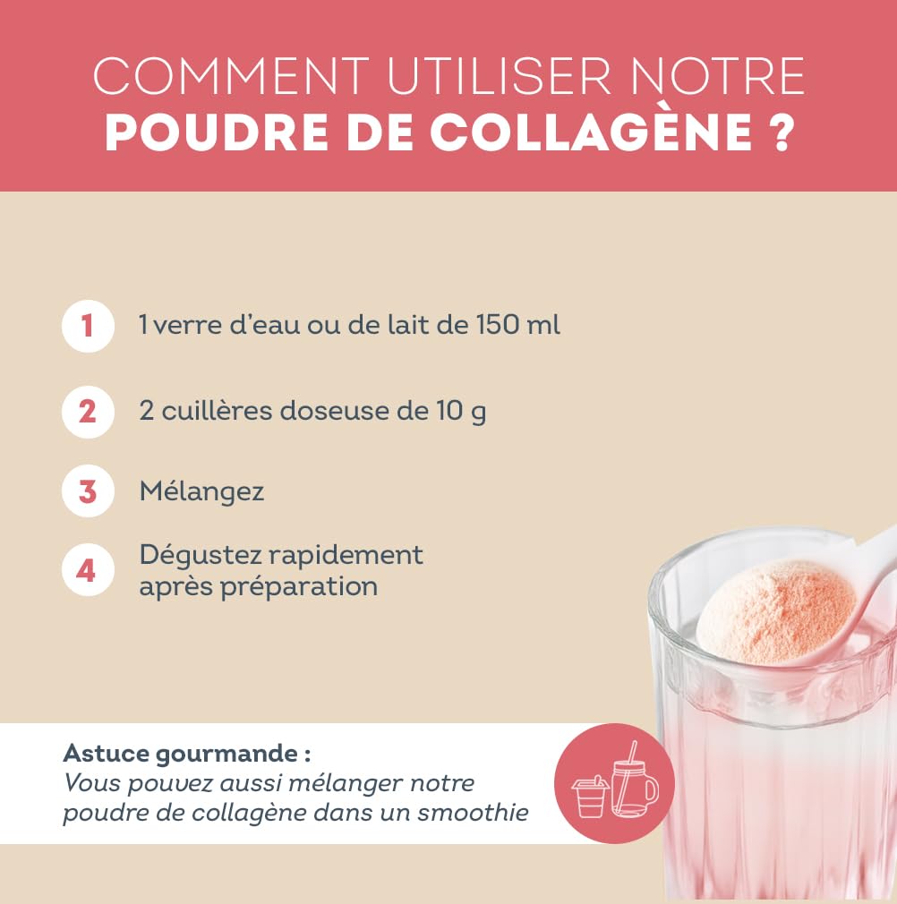 Collagène Poudre Saveur Framboise - 6800mg par jour - Peptides Hydrolysés Types 1 - 2000 Da - Eclat & Jeunesse de la Peau - Hautement biodisponible - Fabriqué en France - Vitavea