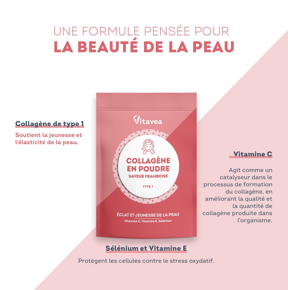 Collagène Poudre Saveur Framboise - 6800mg par jour - Peptides Hydrolysés Types 1 - 2000 Da - Eclat & Jeunesse de la Peau - Hautement biodisponible - Fabriqué en France - Vitavea
