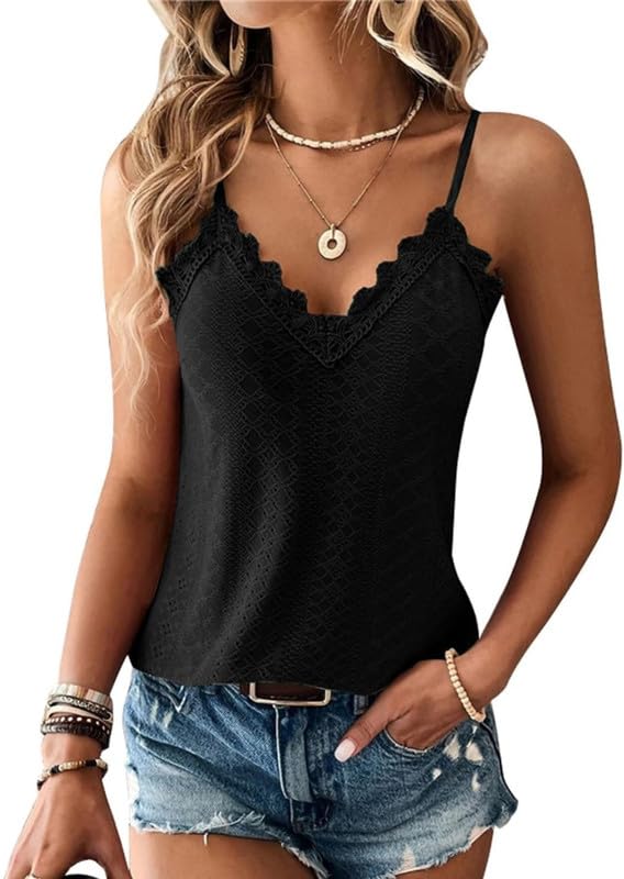 Haibang Debardeur Femme Chic et Élégant Été Top Caraco Dentelle sans Manche Bretelles Spaghetti Haut Sexy Lâche Chemise Oeillet Broderie Camisole Mode Casual Tank Tops