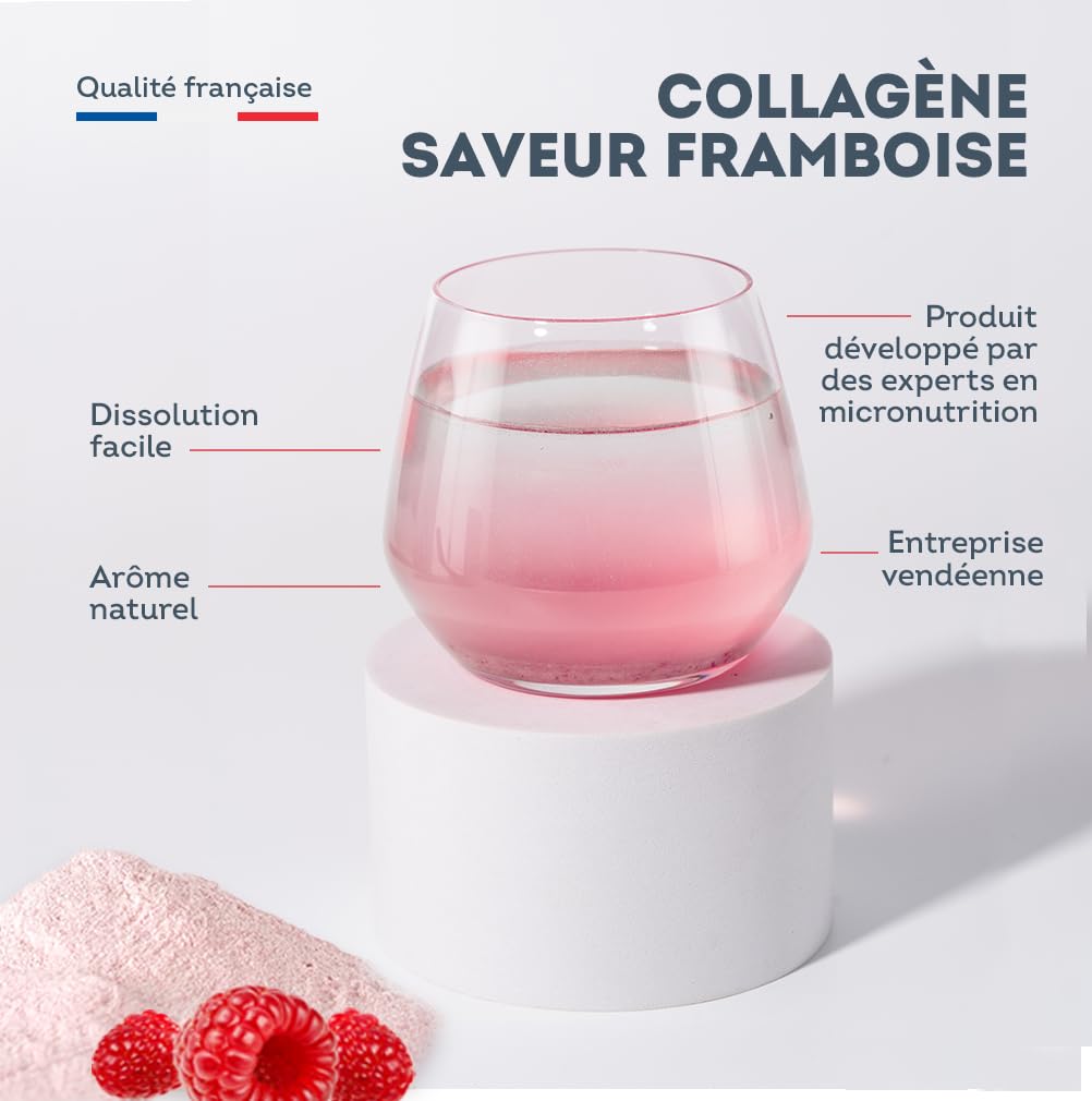 Collagène Poudre Saveur Framboise - 6800mg par jour - Peptides Hydrolysés Types 1 - 2000 Da - Eclat & Jeunesse de la Peau - Hautement biodisponible - Fabriqué en France - Vitavea