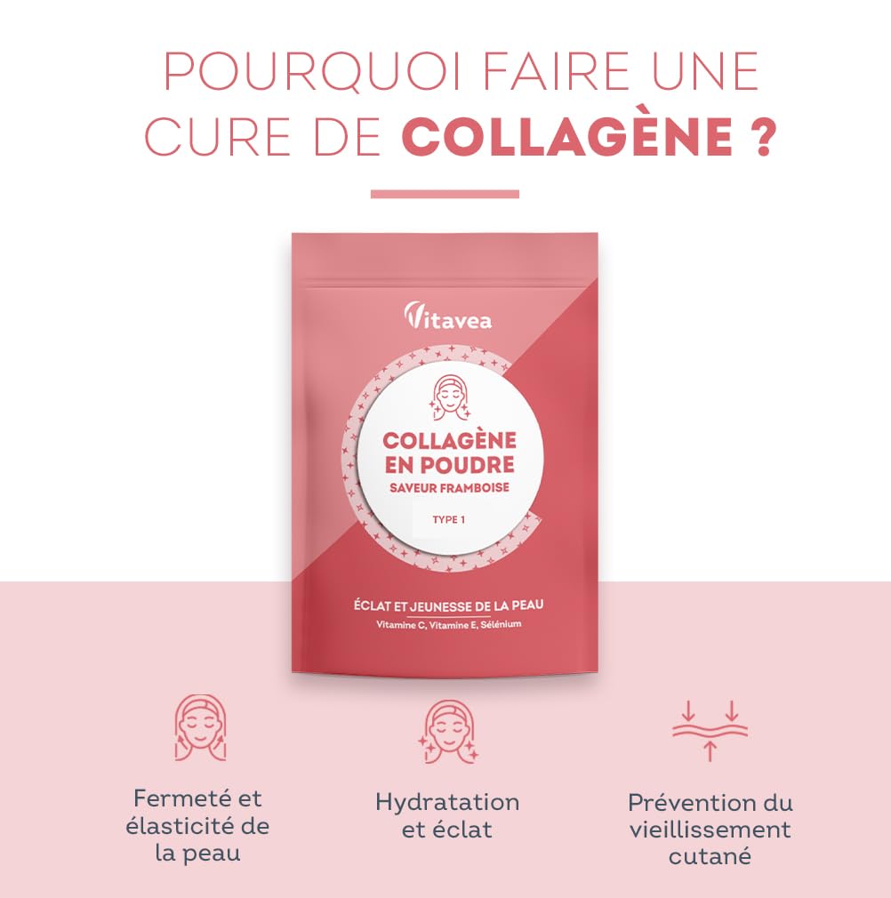 Collagène Poudre Saveur Framboise - 6800mg par jour - Peptides Hydrolysés Types 1 - 2000 Da - Eclat & Jeunesse de la Peau - Hautement biodisponible - Fabriqué en France - Vitavea