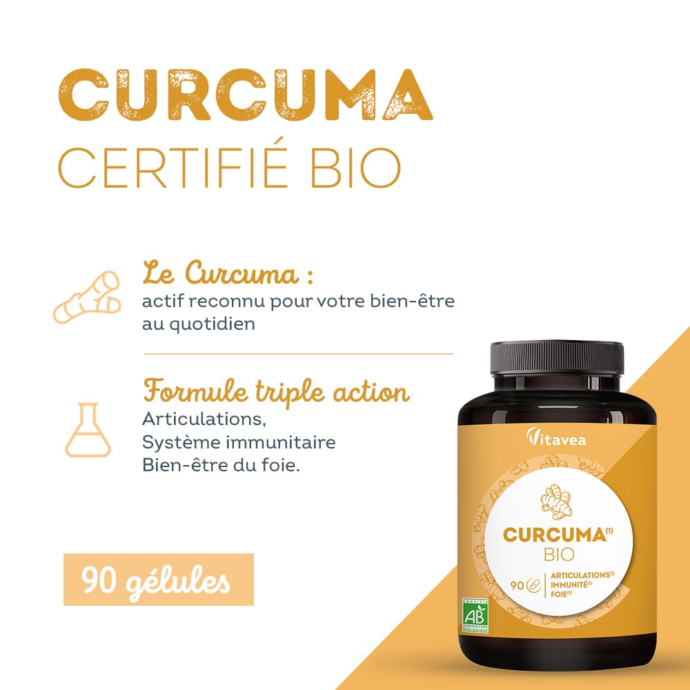 Curcuma BIO Pur Sans Pipérine ni Poivre Noir - Bien-Être Articulaire, Santé du Foie, Immunité - 90 gélules - Fabriqué en France - Vitavea