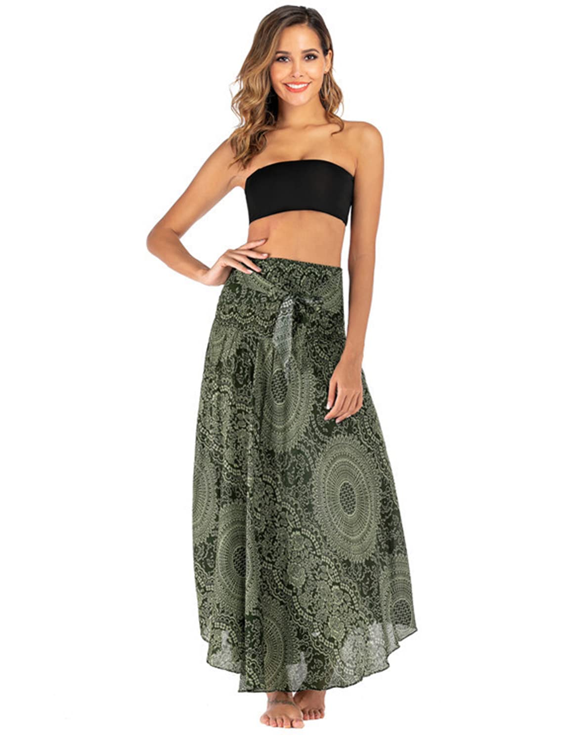 JENJON Femme Robe Imprimé Fleurie Ete Boheme Jupe Style Ethnique 2 en 1 sans Manche Plage Strap Wrap Taille Unique A-Vert