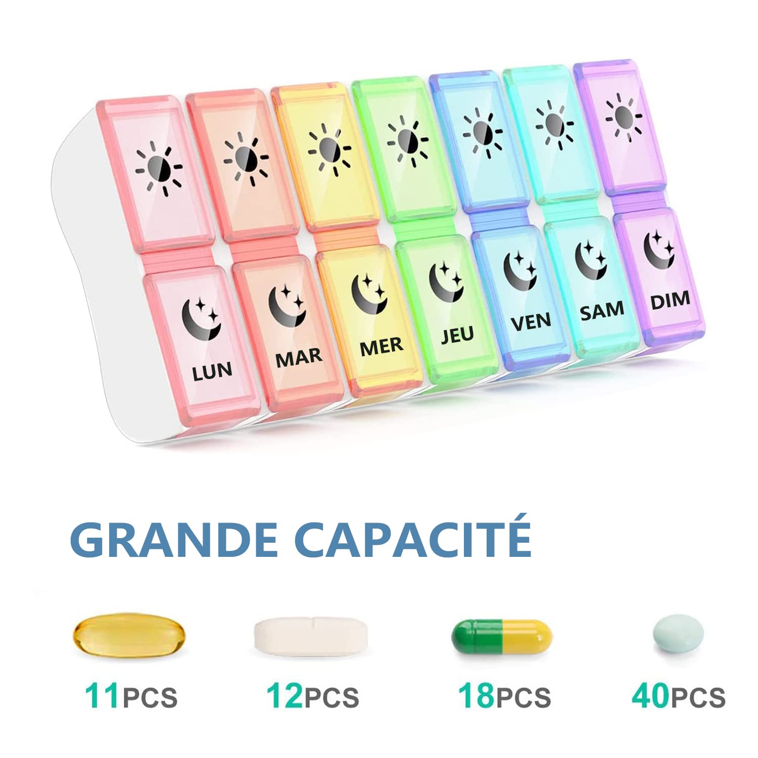 GeekerChip Pilulier Semainier Français Matin et Soir,Piluliers Medicaments 7 Jours 14 Compartiments,Pilulier Hebdomadaire 2 Fois,Facile à Ouvrir(Multicolore)