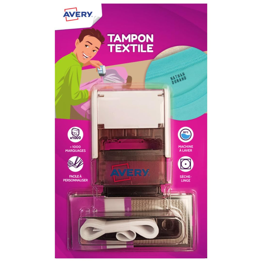 Avery Tampon Encreur Personnalisable Pour Enfants Et Adultes - Personnalisable 288 caractères - Résistant Au Lavage - Avec Encre Indélébile - Polyvalent Jusqu'à 60°C