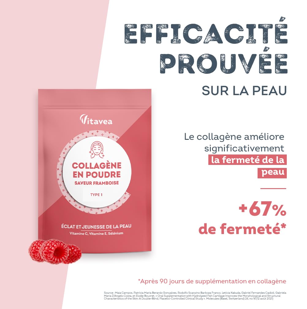 Collagène Poudre Saveur Framboise - 6800mg par jour - Peptides Hydrolysés Types 1 - 2000 Da - Eclat & Jeunesse de la Peau - Hautement biodisponible - Fabriqué en France - Vitavea