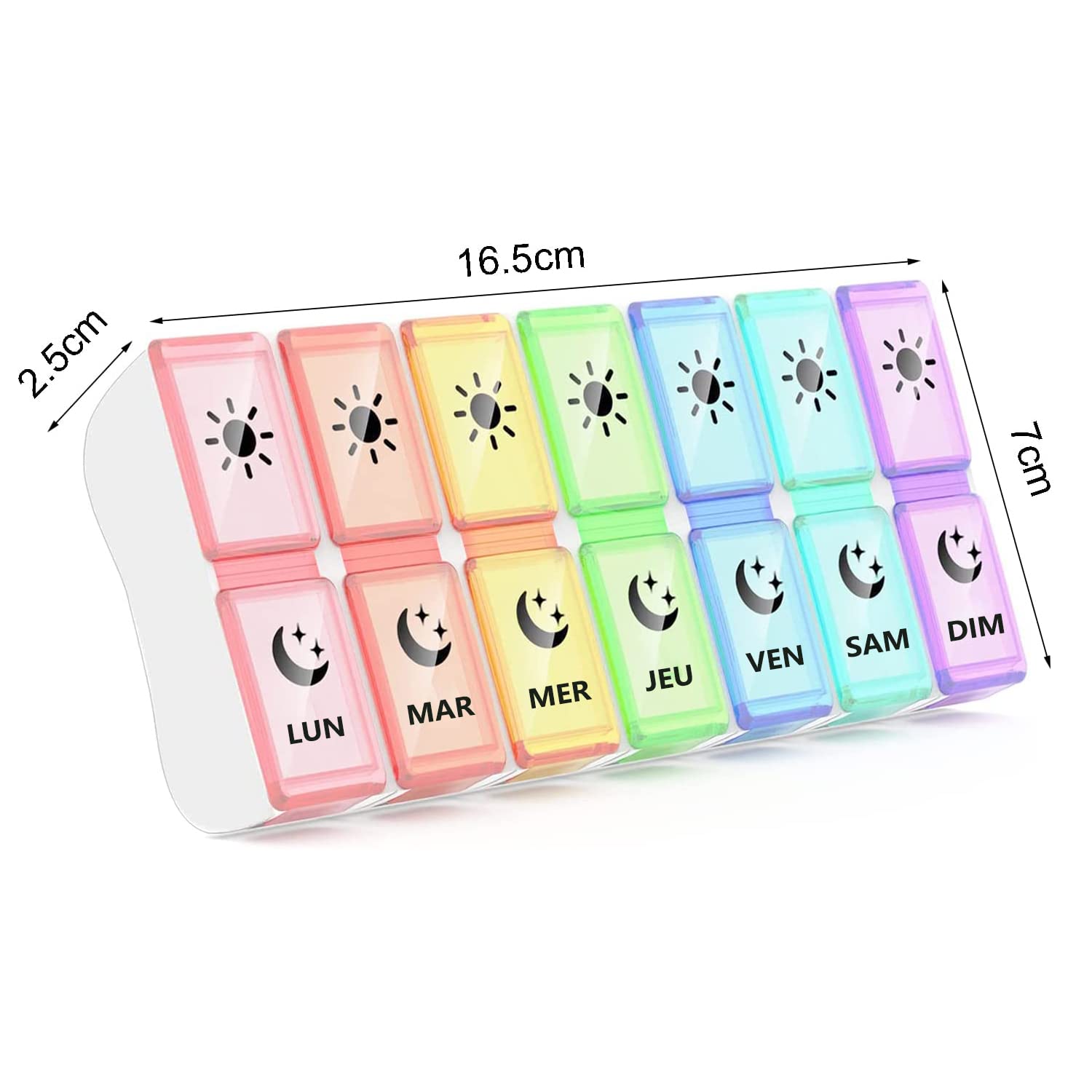 GeekerChip Pilulier Semainier Français Matin et Soir,Piluliers Medicaments 7 Jours 14 Compartiments,Pilulier Hebdomadaire 2 Fois,Facile à Ouvrir(Multicolore)