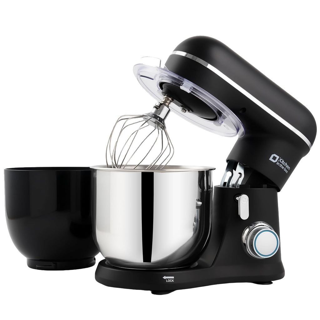 Kitchen in the Box Robot Pâtissier, 3.5L avec Deux Bols, Compact et Léger, 10 Vitesses avec Fonction Pulse, Finition Mate, Fouet, Crochet Pétrisseur et Batteur, Noir