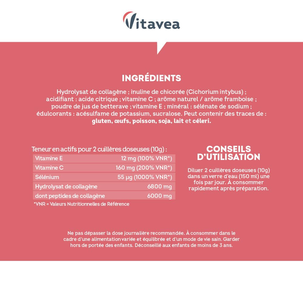 Collagène Poudre Saveur Framboise - 6800mg par jour - Peptides Hydrolysés Types 1 - 2000 Da - Eclat & Jeunesse de la Peau - Hautement biodisponible - Fabriqué en France - Vitavea