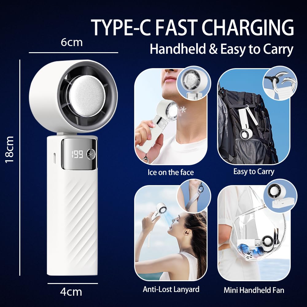 CATGIFF Ventilateur Portable, Mini Ventilateur Rechargeable 5000mAh, Petit Ventilateur Silencieux Turbo Réglable en Vitesse(1 à 199), Ventilateur Refroidissement pour Camping, Sport, Voyage (Blanc)