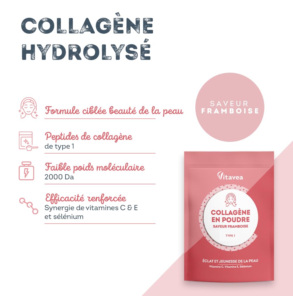 Collagène Poudre Saveur Framboise - 6800mg par jour - Peptides Hydrolysés Types 1 - 2000 Da - Eclat & Jeunesse de la Peau - Hautement biodisponible - Fabriqué en France - Vitavea