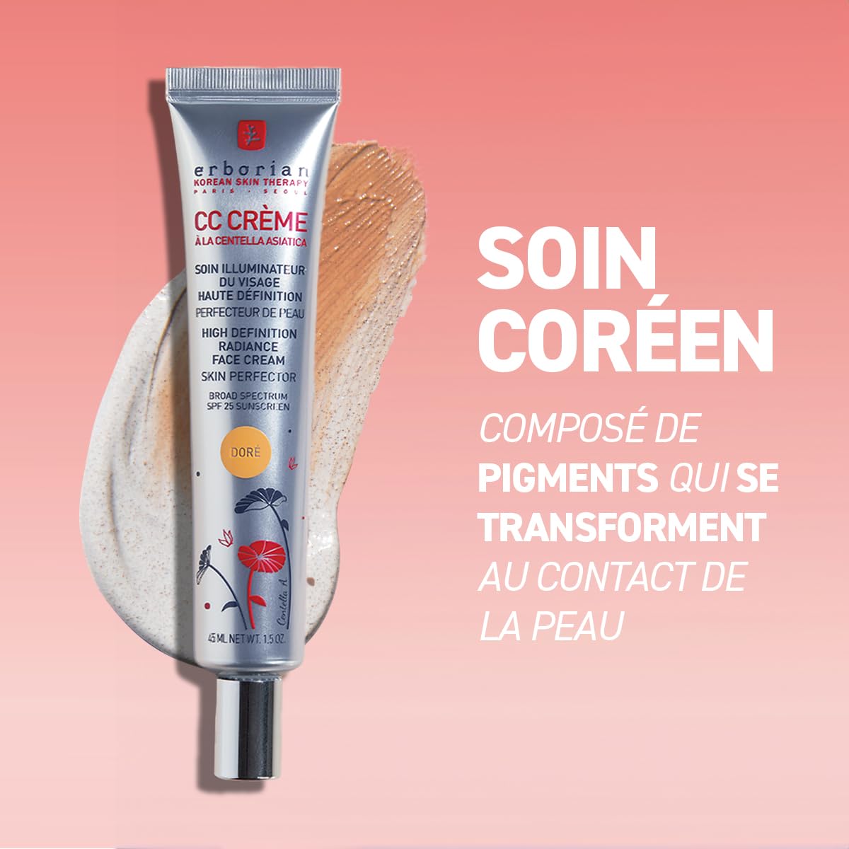 Erborian - CC Crème à la Centella Asiatica - Maquillage et Soin Illuminateur de Teint Haute Définition pour Visage - Protection Solaire SPF 25 - Soin Cosmétique Coréen - Doré 15 ml