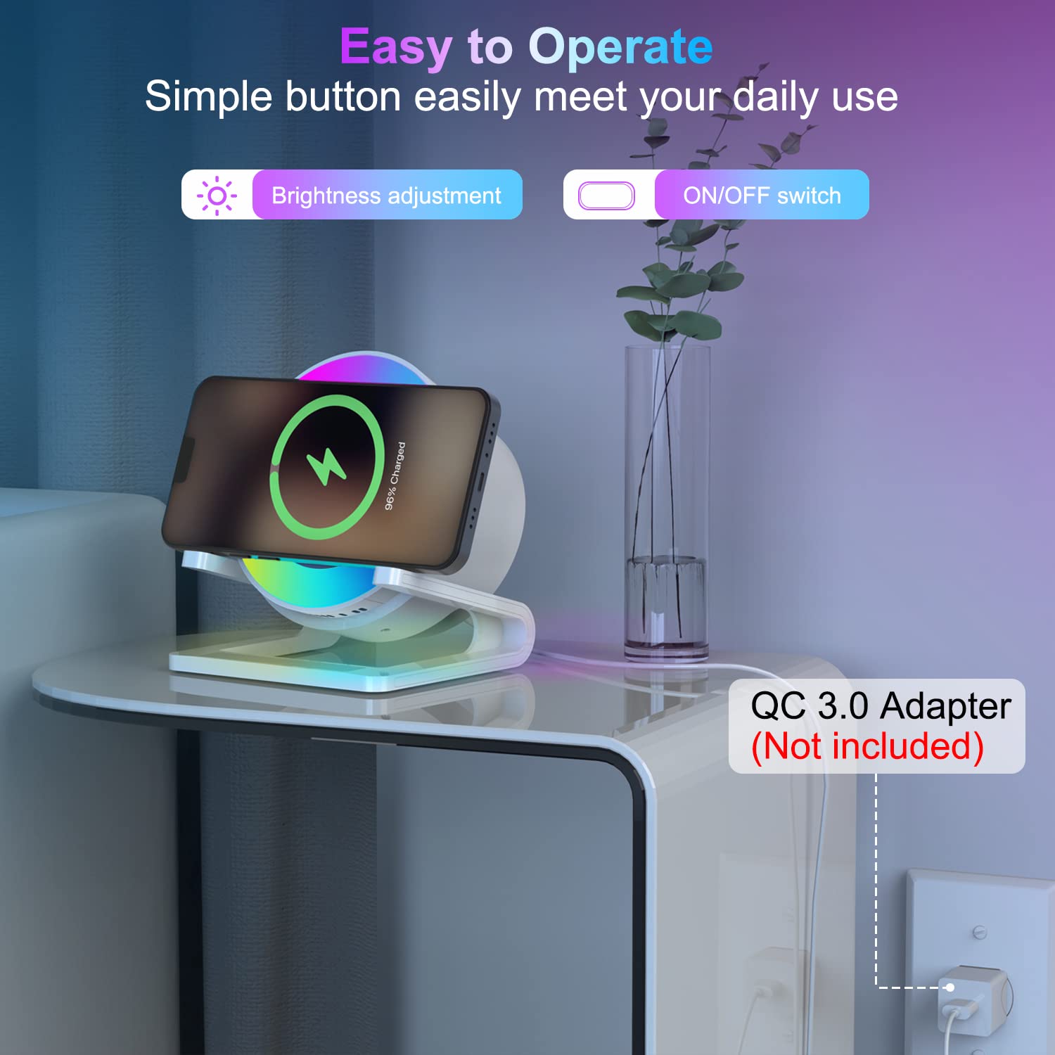 Enceinte Bluetooth Lumineuse avec 15W Chargeur Sans Fil,Lampe de Chevet Tactile avec Blanc Chaud+5 Lumières Colorées Dynamiques,Haut-parleur Veilleuse avec Support Téléphone,Cadeau Ado Fille