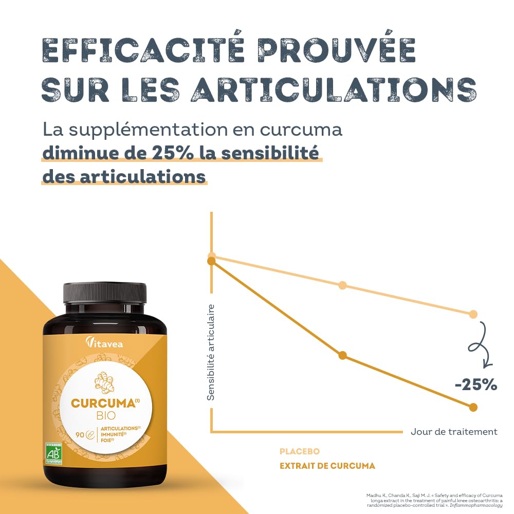 Curcuma BIO Pur Sans Pipérine ni Poivre Noir - Bien-Être Articulaire, Santé du Foie, Immunité - 90 gélules - Fabriqué en France - Vitavea