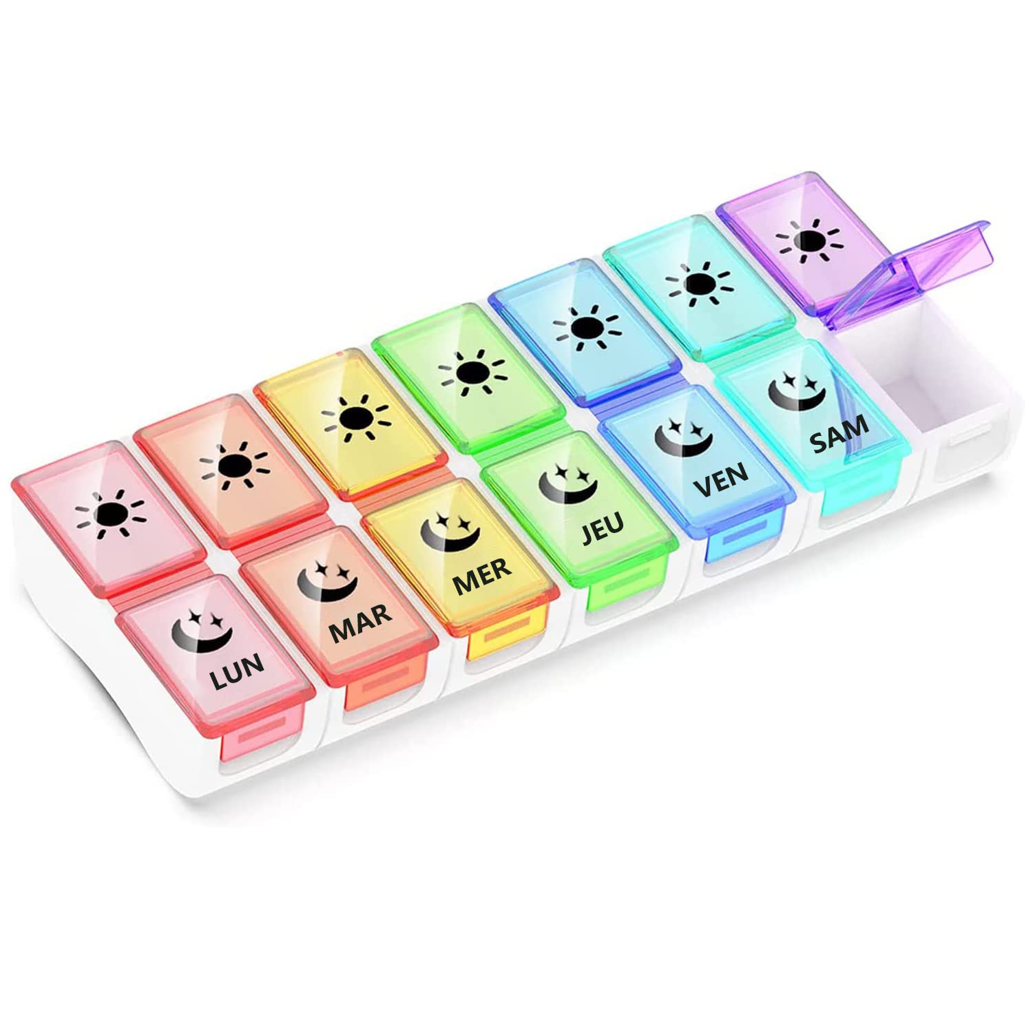 GeekerChip Pilulier Semainier Français Matin et Soir,Piluliers Medicaments 7 Jours 14 Compartiments,Pilulier Hebdomadaire 2 Fois,Facile à Ouvrir(Multicolore)