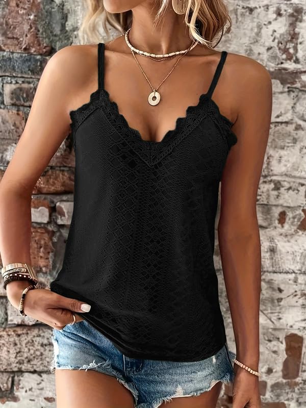 Haibang Debardeur Femme Chic et Élégant Été Top Caraco Dentelle sans Manche Bretelles Spaghetti Haut Sexy Lâche Chemise Oeillet Broderie Camisole Mode Casual Tank Tops