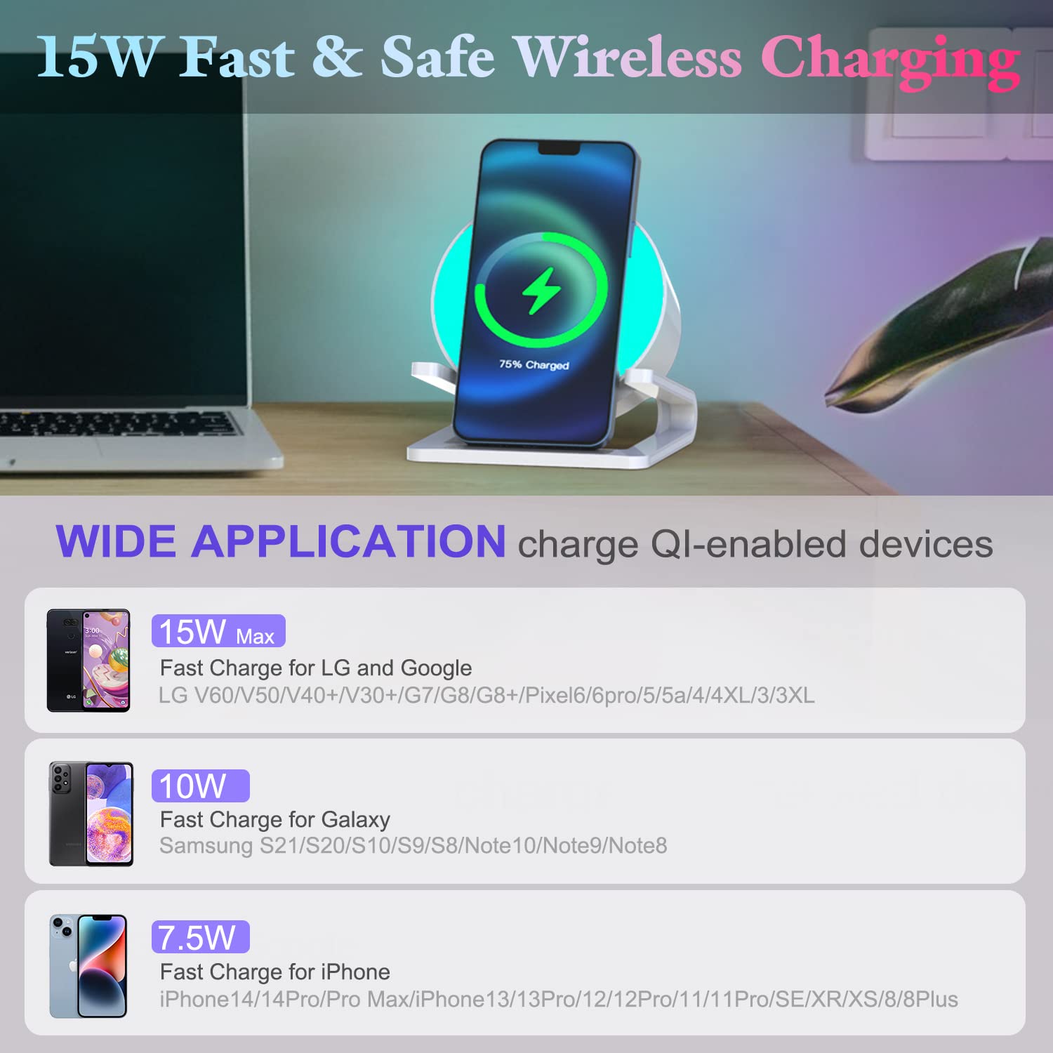 Enceinte Bluetooth Lumineuse avec 15W Chargeur Sans Fil,Lampe de Chevet Tactile avec Blanc Chaud+5 Lumières Colorées Dynamiques,Haut-parleur Veilleuse avec Support Téléphone,Cadeau Ado Fille