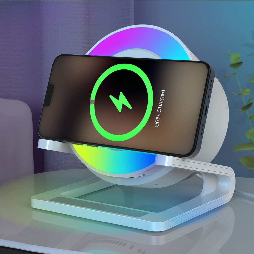 Enceinte Bluetooth Lumineuse avec 15W Chargeur Sans Fil,Lampe de Chevet Tactile avec Blanc Chaud+5 Lumières Colorées Dynamiques,Haut-parleur Veilleuse avec Support Téléphone,Cadeau Ado Fille
