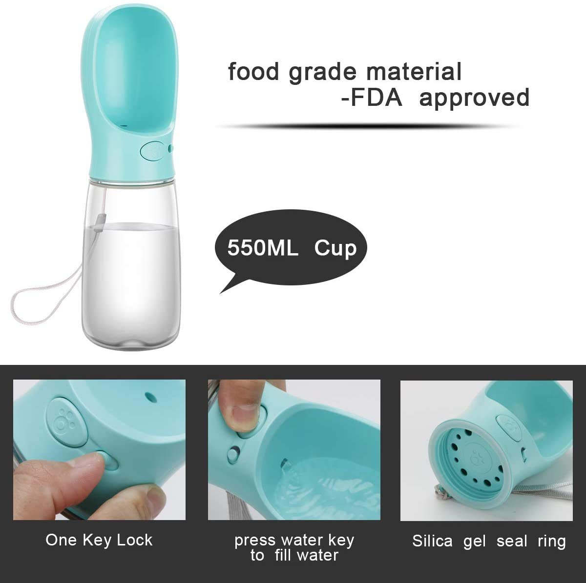 COTOP Bouteille d'eau Chien-550ML, Distributeur d'eau Portable Extérieur Chat, Gourde de Voyage, Bouteille d'eau pour Animaux de Compagnie, Qualité Alimentaire Accessoires pour Chiot Drink Water(Bleu)