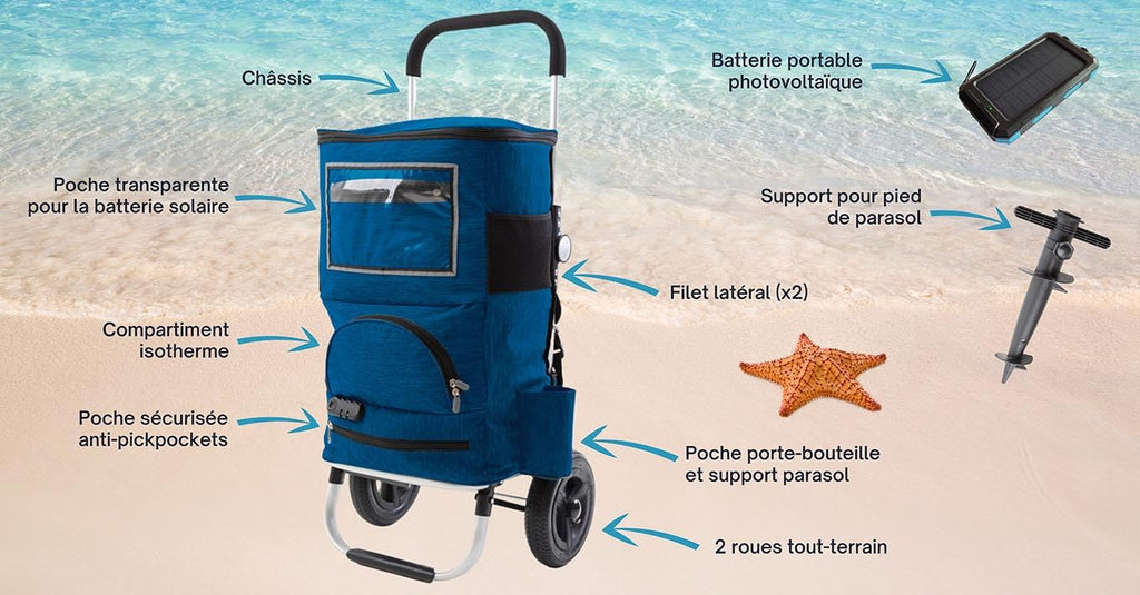 Chariot de Plage Pacosoleil - Chariot à Grosses Roues- Chariot Multifonctions 3 en 1 - Marque Française