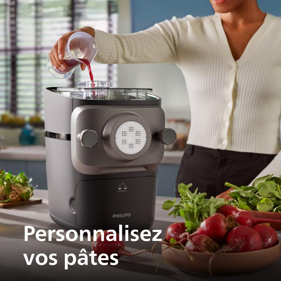 Philips Série 7000 Machine à Pâtes, Technologie ProExtrude, Pesée Automatique, 8 Disques de Forme, Pâte Parfaite, Nettoyage Facile, Jusqu'à 8 Portions, Noir (HR2665/93)