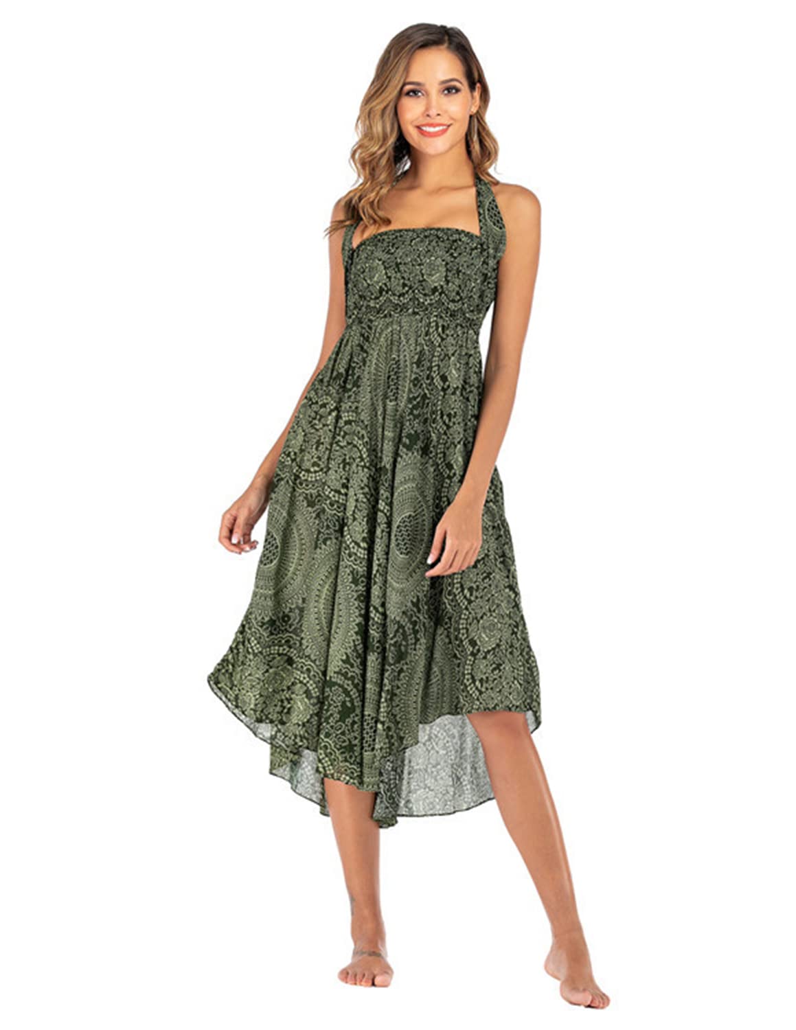 JENJON Femme Robe Imprimé Fleurie Ete Boheme Jupe Style Ethnique 2 en 1 sans Manche Plage Strap Wrap Taille Unique A-Vert