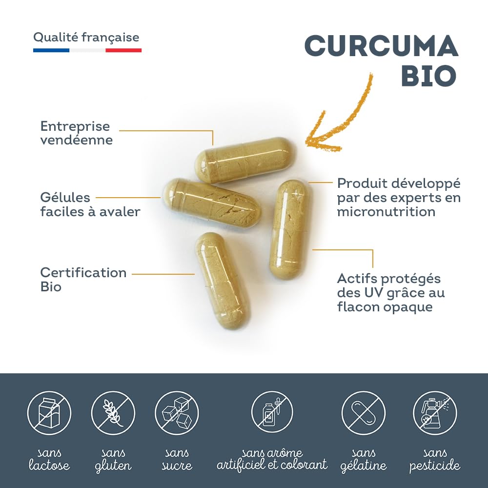 Curcuma BIO Pur Sans Pipérine ni Poivre Noir - Bien-Être Articulaire, Santé du Foie, Immunité - 90 gélules - Fabriqué en France - Vitavea