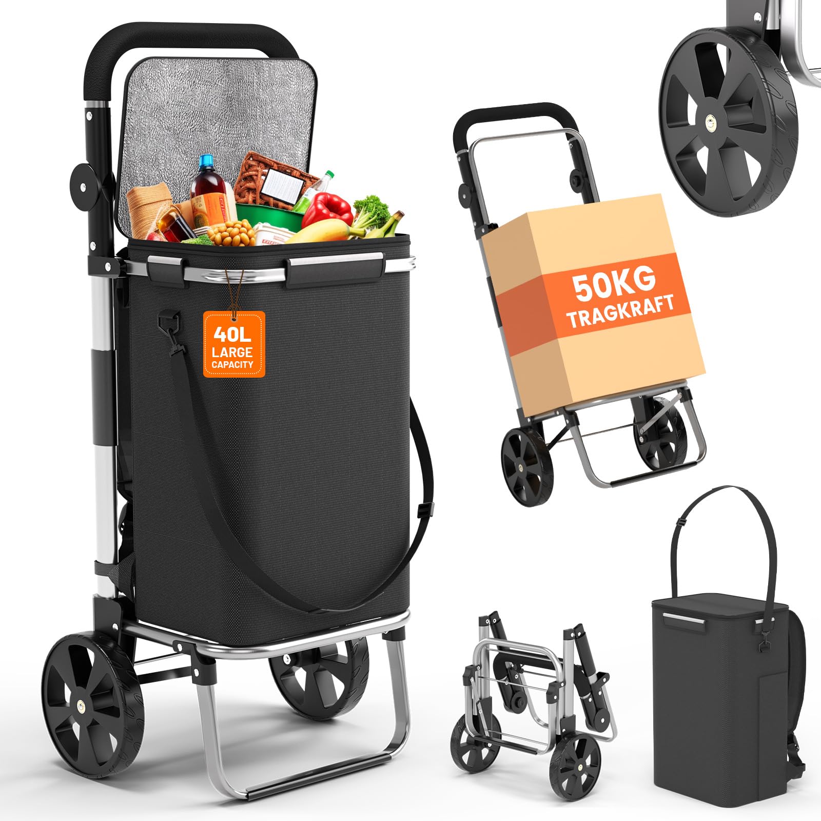 FUNLAX Chariot de Courses 2 Roues, Caddie de Courses avec Compartiment Isotherme réfrigéré 40L, Sac Shopping Amovible, Caddie à roulettes Pliable Noir