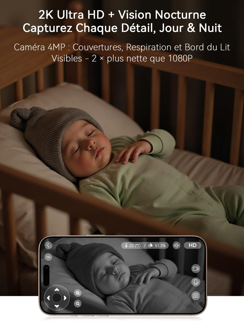 Outinput 2K/4MP WiFi Babyphone Camera, PTZ 355°Caméra Surveillance Sécurité Intérieur, Berceuses, Veilleuse Douce, Vision Nocturne, Mouvement/Pleurs/température/alertes d'humidité, pour Bébé/Animaux