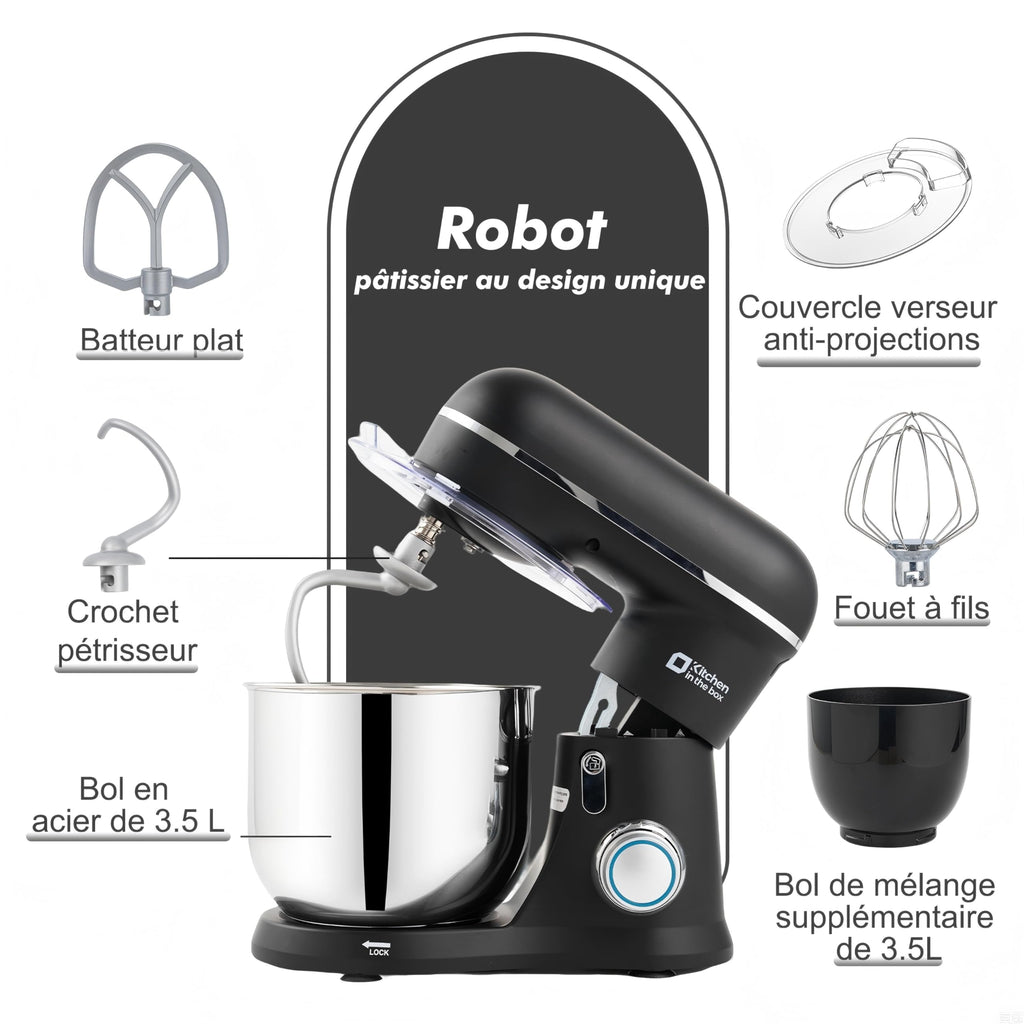 Kitchen in the Box Robot Pâtissier, 3.5L avec Deux Bols, Compact et Léger, 10 Vitesses avec Fonction Pulse, Finition Mate, Fouet, Crochet Pétrisseur et Batteur, Noir