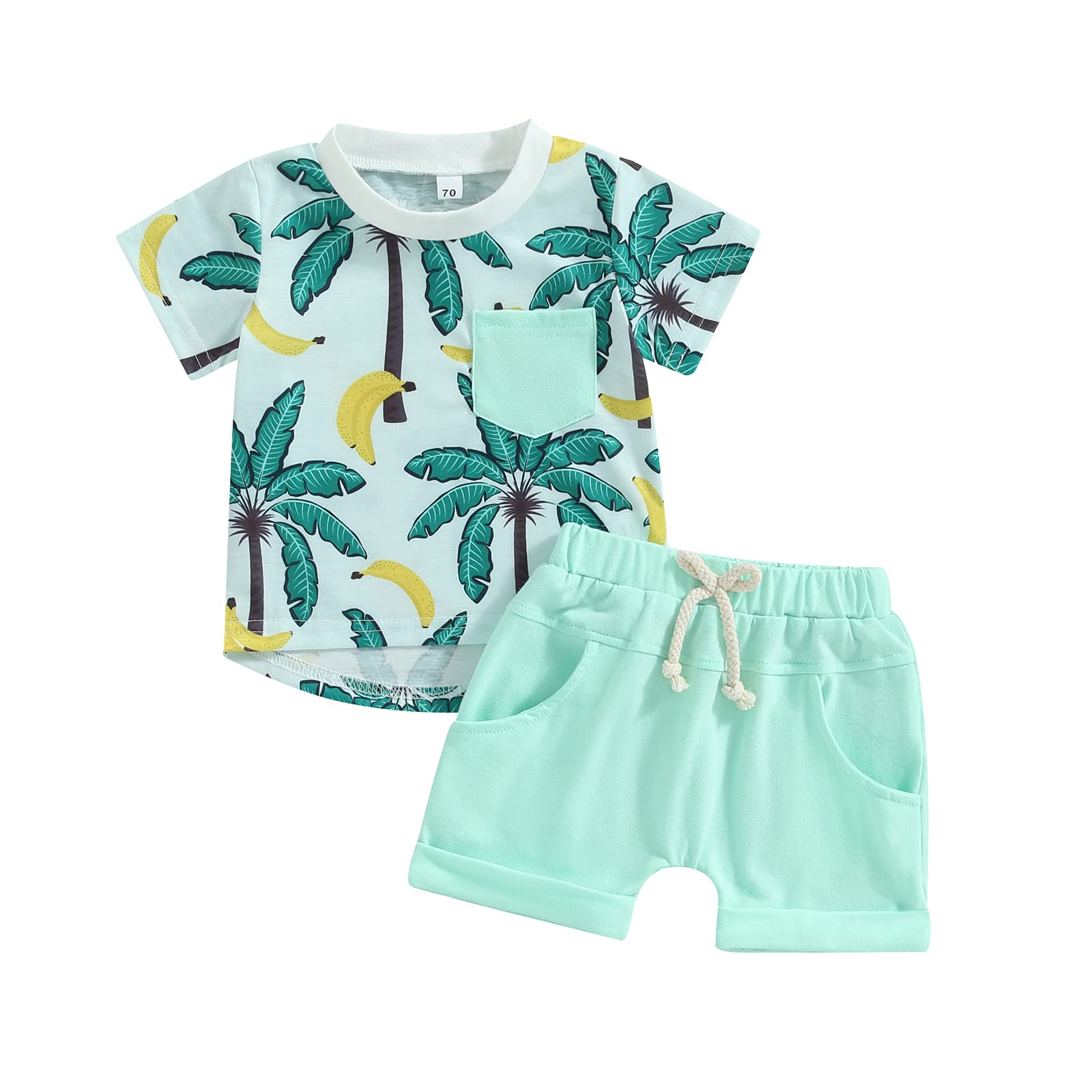 Carolilly Ensemble Short Enfant Bébé Garçon Eté T-Shirt Hawaien à Manches Courtes + Shorts Taille Elastique avec Poches (0-3 Ans) (Vert, 18-24 Months)