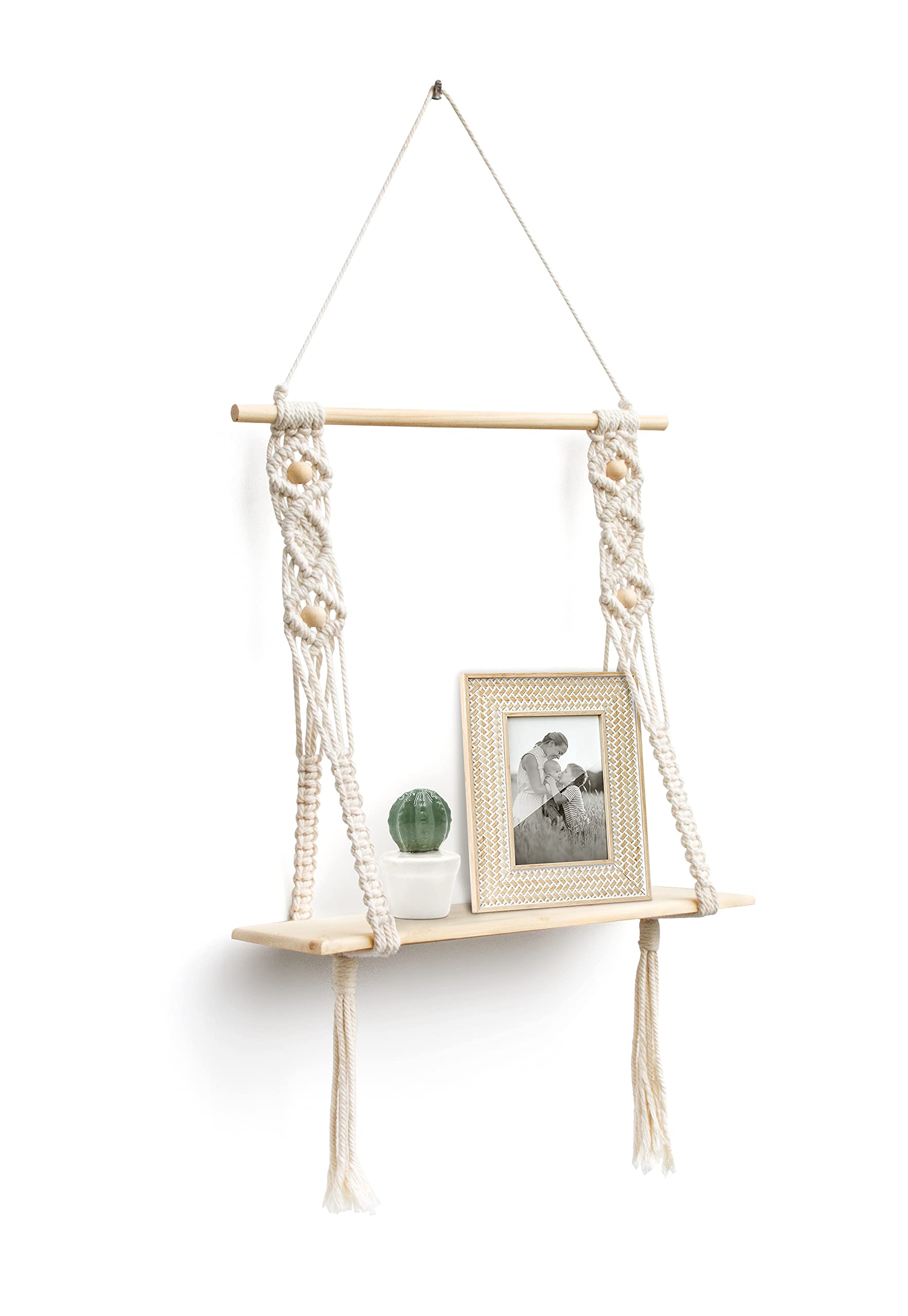 Afuly Etagere Murale Bois Macramé Boheme Deco Plantes Simple Houppe Manuel Tissé Chambre Salon WC Etagere Suspendue Corde