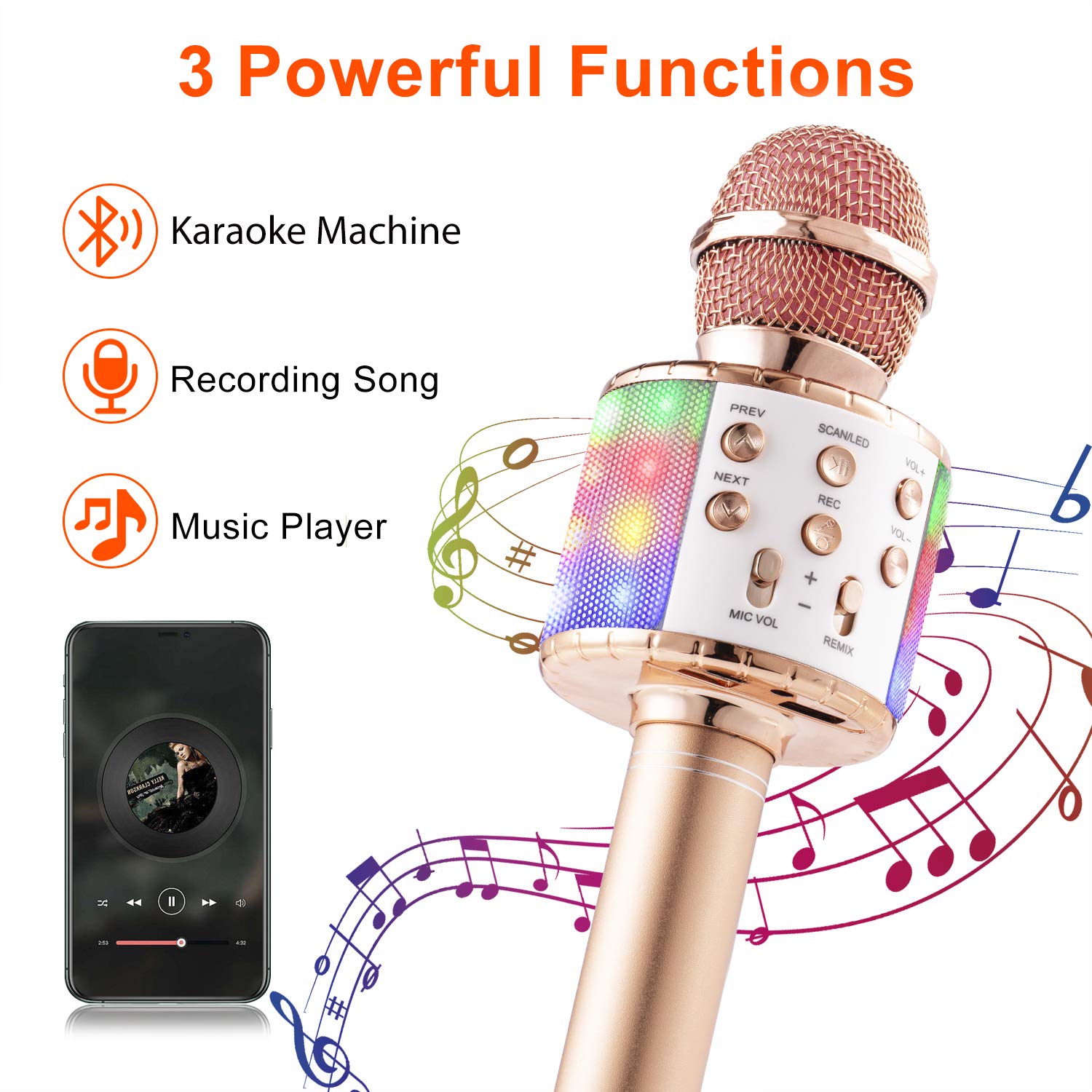 Fede Microphone Karaoké sans Fil Bluetooth avec Lumière LED Multi Couleur, Micro à Main Portable Haut-Parleur pour Enfants/Adultes Chanter, Compatible avec Android/iOS/PC/Smartphone