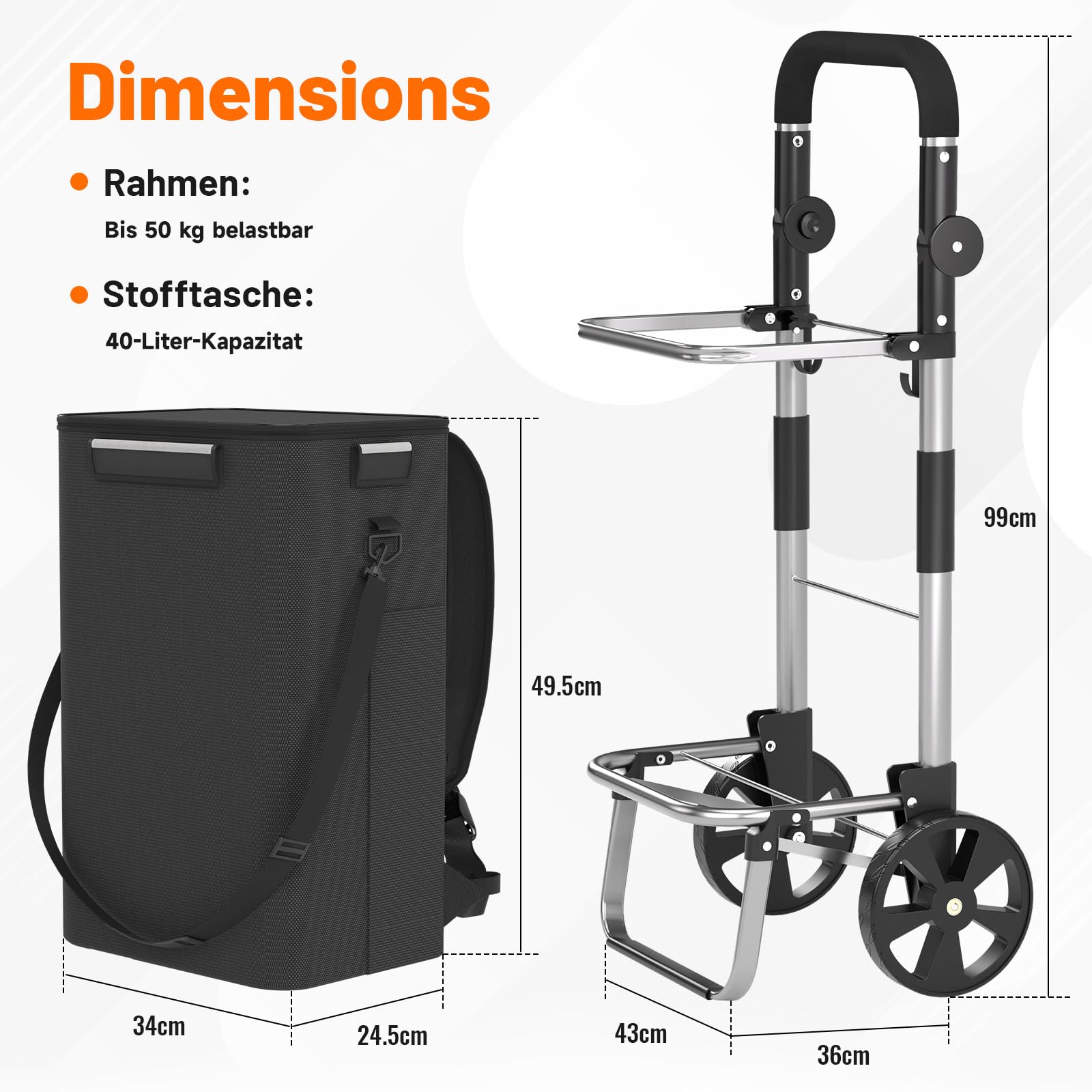 FUNLAX Chariot de Courses 2 Roues, Caddie de Courses avec Compartiment Isotherme réfrigéré 40L, Sac Shopping Amovible, Caddie à roulettes Pliable Noir