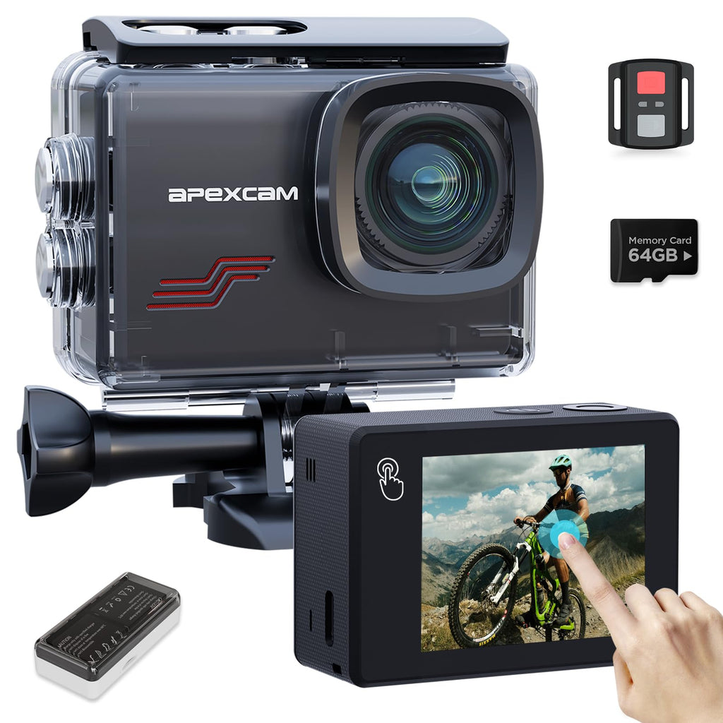 Caméra Sport 4K 60FPS 64MP Caméra Étanche 40M Action Cam WiFi avec Micro SD 64GB Écran Tactile Stabilisateur EIS avec Kits d'accessoires pour Sports Extrêmes et Loisirs
