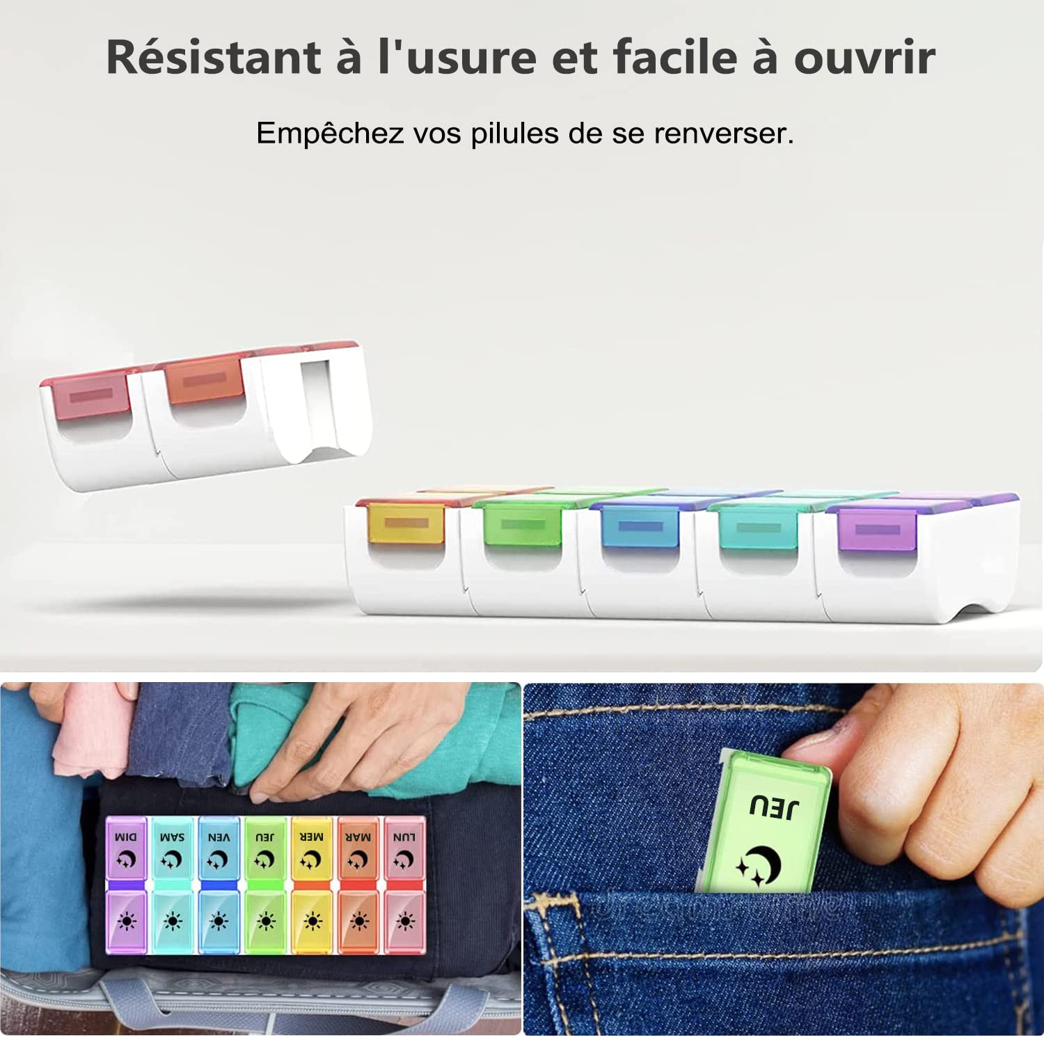 GeekerChip Pilulier Semainier Français Matin et Soir,Piluliers Medicaments 7 Jours 14 Compartiments,Pilulier Hebdomadaire 2 Fois,Facile à Ouvrir(Multicolore)