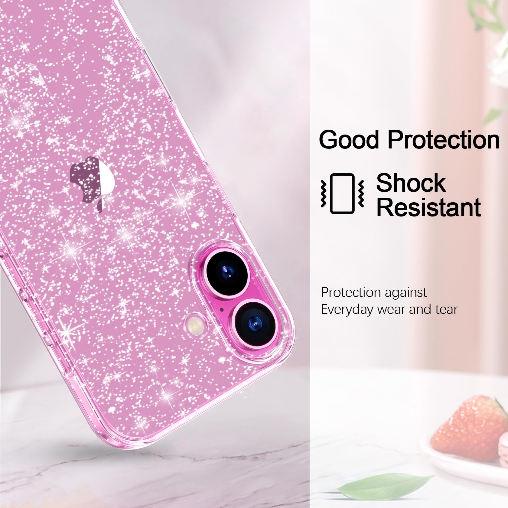 AROYI Coque 3 en 1 Compatible avec iPhone 16 6,1, étui à Paillettes Silicone Souple TPU Protection Case avec 2 Films de Protection en Verre trempé, Transparent pailleté Protecteur Coque