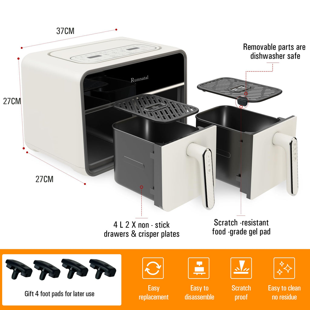 Friteuse à air double zone Runnatal 8 L avec hublot, sans huile, 2 tiroirs, programmes de cuisson 14 en 1 avec marmites pour légumes et viandes, écran tactile, faible en gras compatible lave-vaisselle