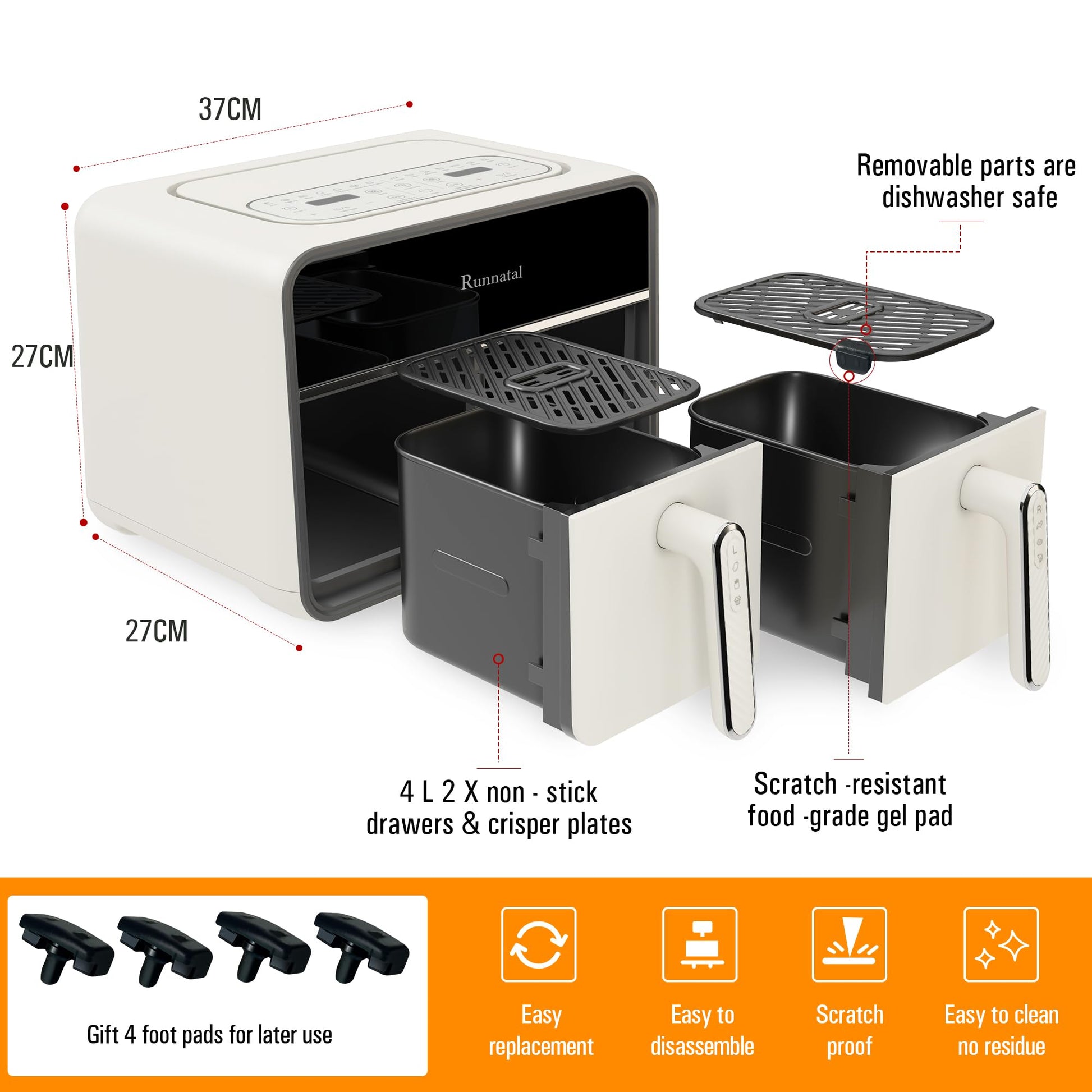 Friteuse à air double zone Runnatal 8 L avec hublot, sans huile, 2 tiroirs, programmes de cuisson 14 en 1 avec marmites pour légumes et viandes, écran tactile, faible en gras compatible lave-vaisselle