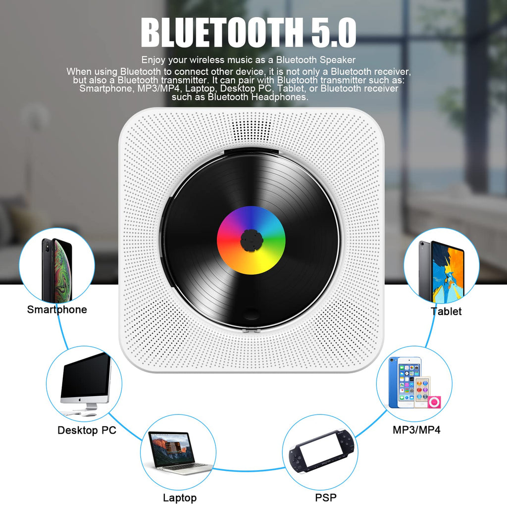 Lecteur CD de Bureau avec Bluetooth Gueray Lecteur CD Mural Haut-parleurs HiFi Intégrés Portables avec écran LED Audio Domestique Boombox Radio FM USB Type-c Lecteur de Musique MP3