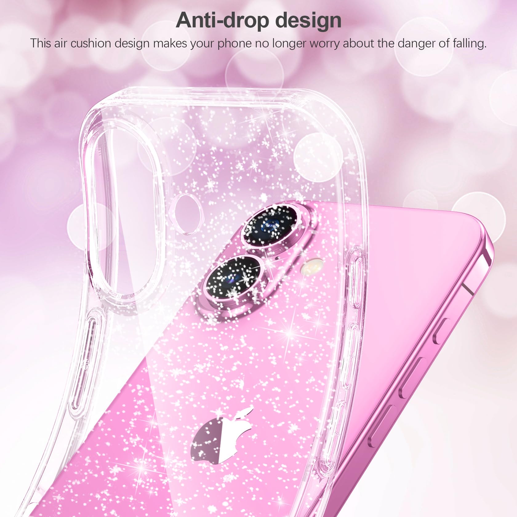 AROYI Coque 3 en 1 Compatible avec iPhone 16 6,1, étui à Paillettes Silicone Souple TPU Protection Case avec 2 Films de Protection en Verre trempé, Transparent pailleté Protecteur Coque