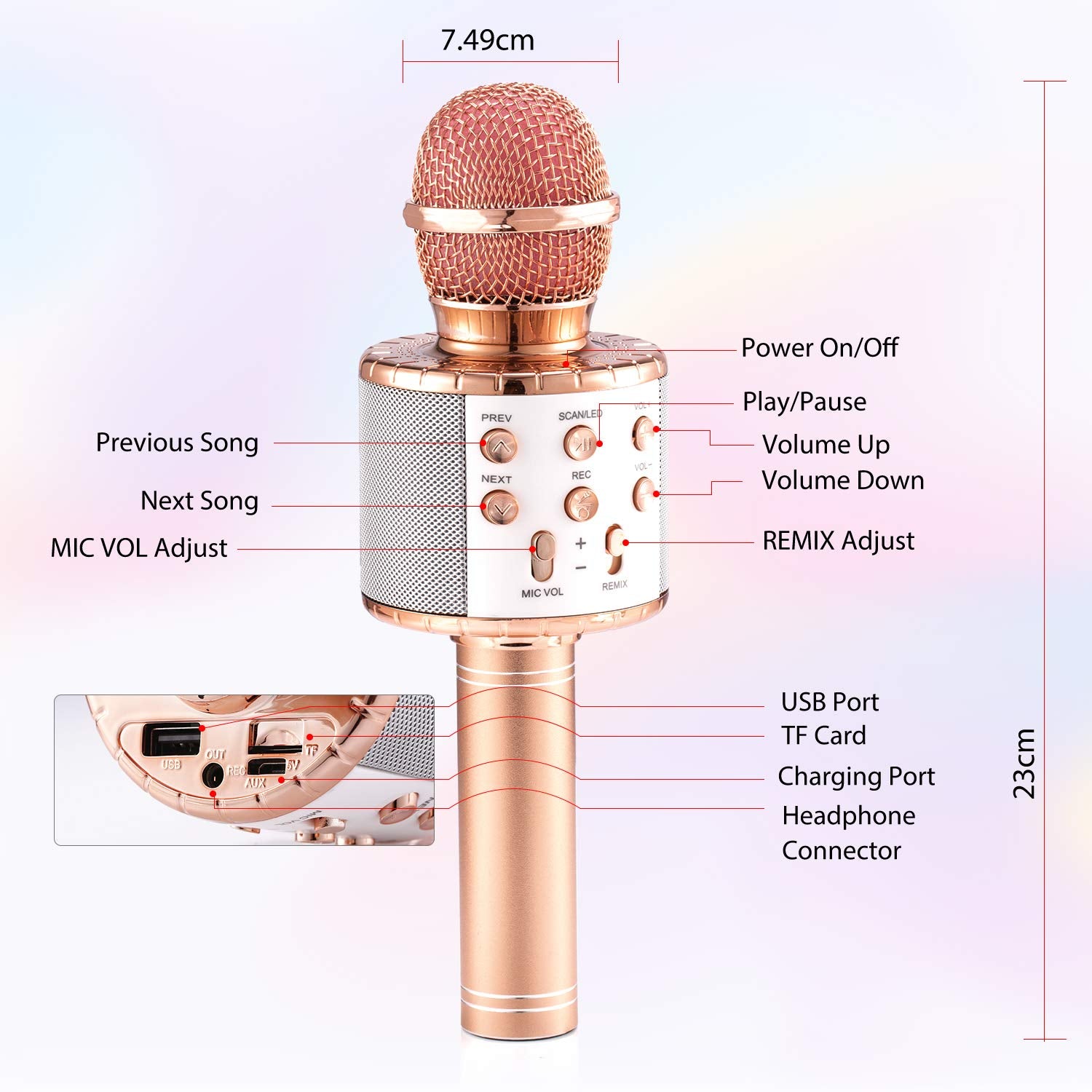 Fede Microphone Karaoké sans Fil Bluetooth avec Lumière LED Multi Couleur, Micro à Main Portable Haut-Parleur pour Enfants/Adultes Chanter, Compatible avec Android/iOS/PC/Smartphone