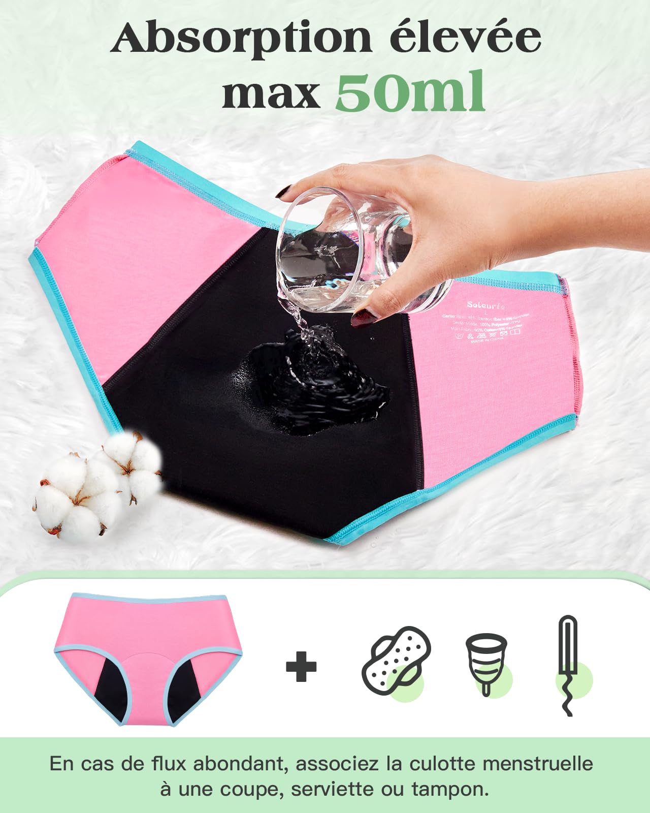 Soleurfe Culotte Menstruelle Flux Tres Abondant 4 Couches de Slips Fibre de Bambou Lavable Protege Slip Anti Fuite pour Adolescentes Fille Femmes 12-14 Ans