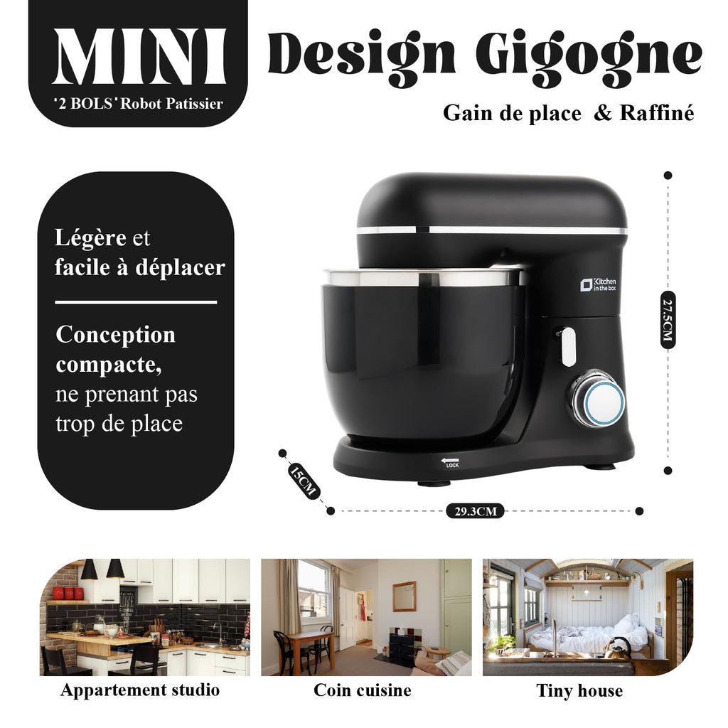 Kitchen in the Box Robot Pâtissier, 3.5L avec Deux Bols, Compact et Léger, 10 Vitesses avec Fonction Pulse, Finition Mate, Fouet, Crochet Pétrisseur et Batteur, Noir