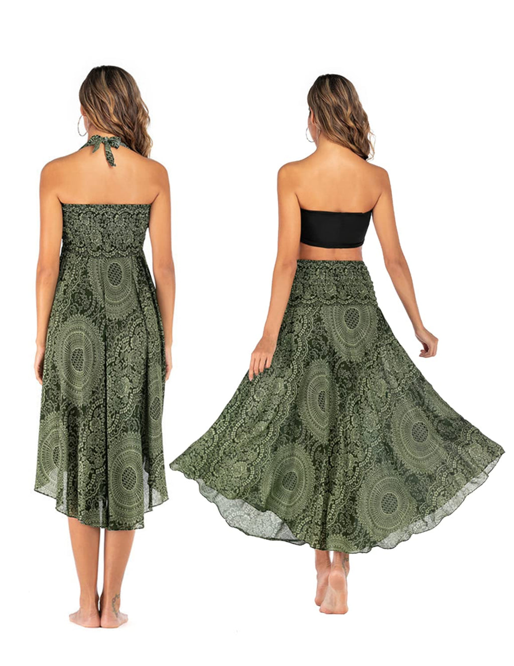 JENJON Femme Robe Imprimé Fleurie Ete Boheme Jupe Style Ethnique 2 en 1 sans Manche Plage Strap Wrap Taille Unique A-Vert