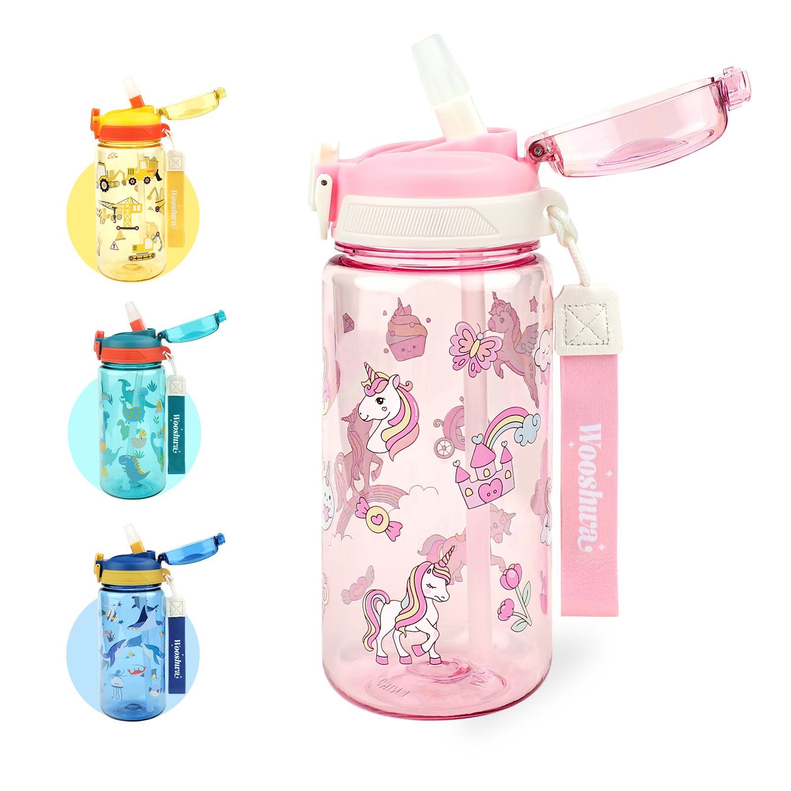 wooshwa Gourde Enfant avec Paille, Pour Filles, Anti-Fuite, Étanche, 600 ml Bouteille Enfant sans BPA, Verrouillage Sécurisé, Bouteilles d'eau pour Maternelle l'école Sport, Licorne